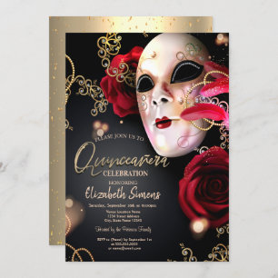 Invitation Masque Confetti Or Roses rouges Quinceañera