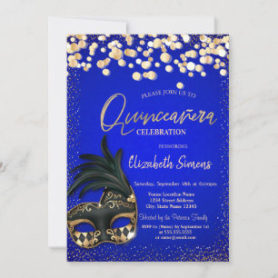 Invitation Masque Confettis Dorés Quinceañera Bleu Royal