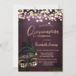 Invitation Masque Confettis Dorés Quinceañera Bourgogne