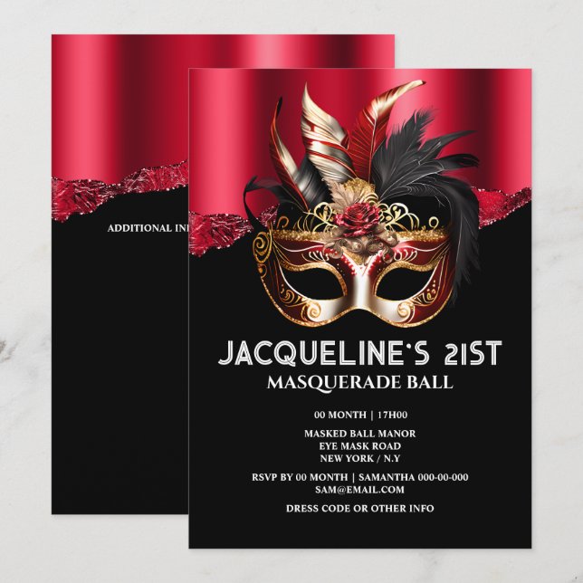 Invitation Masque d'anniversaire vénitienne masque or rouge g (Devant / Derrière)