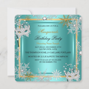 Invitation Masque de bal Bleu sarcelle Or Flocon de neige Arg