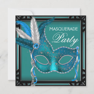 Invitation Masque de bal en bleu sarcelle noir pour soirée de