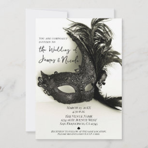Invitation Masque de bal masqué à plume noire élégante Sage m
