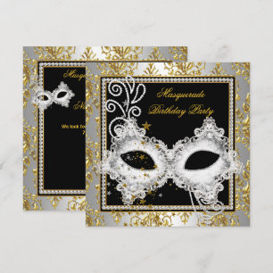 Invitation Masque de bal masqué Argent Or Damassé Noir