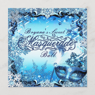Invitation Masque de bal masqué bleu hivernal et flocons de n