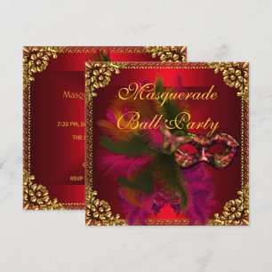 Invitation Masque de bal masqué Or Rouge Profond