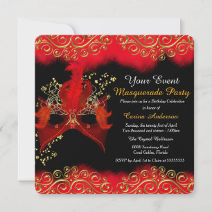 Invitation Masque de bal masqué Rouge Noir Or Fête d'annivers