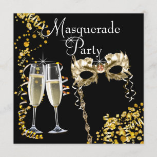 Invitation Masque de Champagne Noir Or Soirée Mascarade