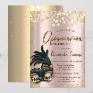 Invitation Masque de confettis dorés Rose Gold Quinceañera