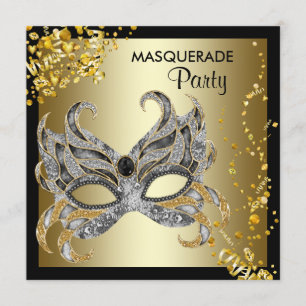 Invitation Masque de confettis noir or soirée masquée