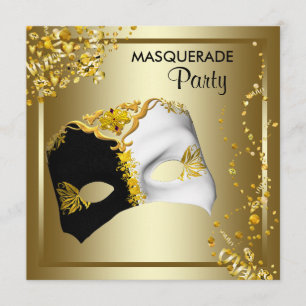 Invitation Masque de confettis noir or soirée masquée