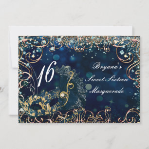Invitation Masque de costume de masquerade bleu et or pour fê