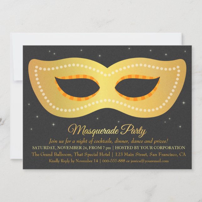 Invitation Masque de déguisement à design doré faux glamour p (Devant)