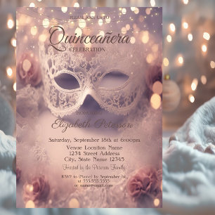 Invitation Masque de dentelle blanche Roses Quinceañera