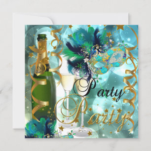 Invitation Masque de fête Champagne Blue Gold Masquerade