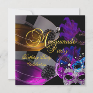 Invitation Masque de fête d'anniversaire Masques roses violet