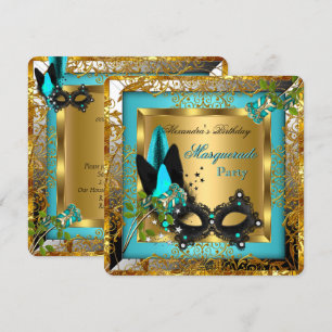 Invitation Masque de Fête Masquée Or Sarcelle Noir Rose R2