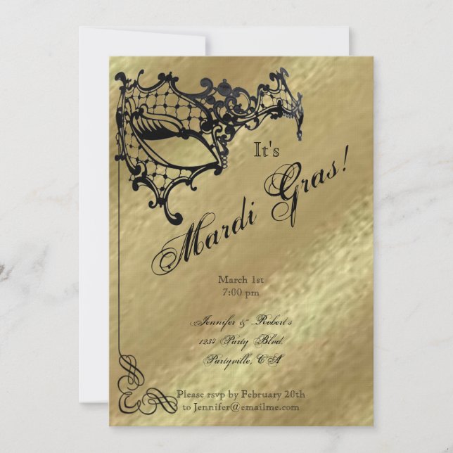 Invitation Masque de Filigree sur Gold Mardi Gras Party (Devant)