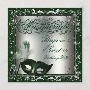 Invitation Masque de masquerade Argent & Vert Fête d'annivers