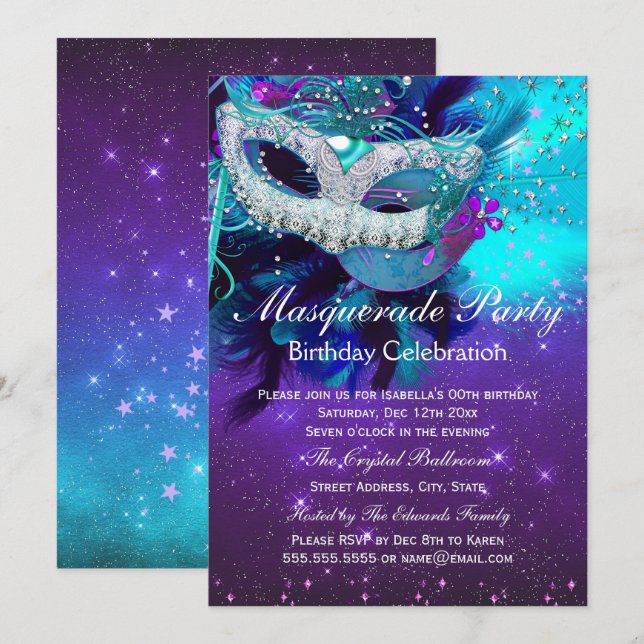 Invitation Masque de plumes violettes turquoises Anniversaire (Devant / Derrière)