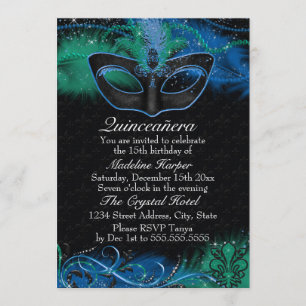 Invitation Masque de Quinceanera Bleu et Vert à Paillettes Ma