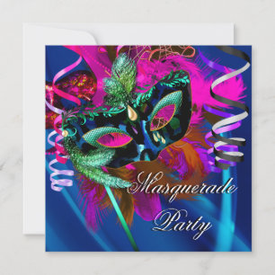 Invitation Masque de soirée masquée noir bleu rose Mardi Gras