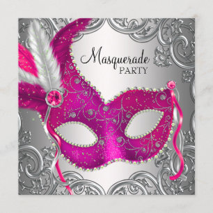 Invitation Masque de soirée rose chaud et argent