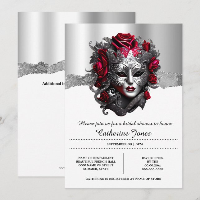 Invitation Masque de visage vénétie mascarade argent rouge ch (Devant / Derrière)