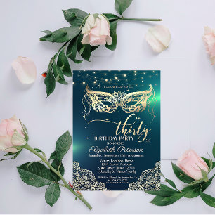 Invitation Masque, Dentelle, Diamants Vert Fête d'anniversair