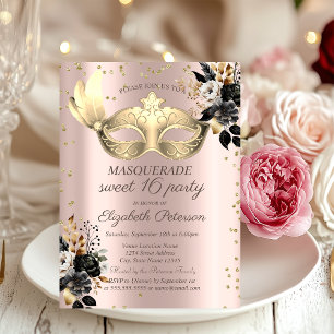 Invitation Masque Diamants Roses Noires Rose Gold Sweet 16
