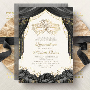 Invitation Masque Élégant Mascarade Quinceanera Noir