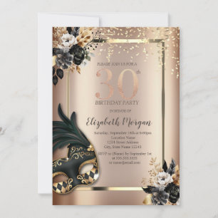 Invitation Masque Élégant Roses Noires Confettis 30ème