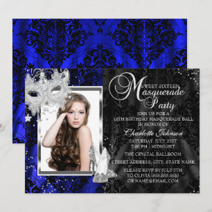 Invitation Masque Élégant & Talons Navy Bal Masqué Sweet 16