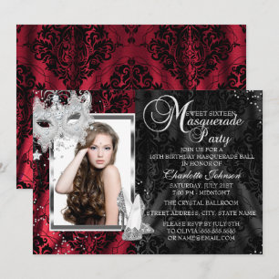 Invitation Masque Élégant & Talons Rouge Mascarade Sweet 16