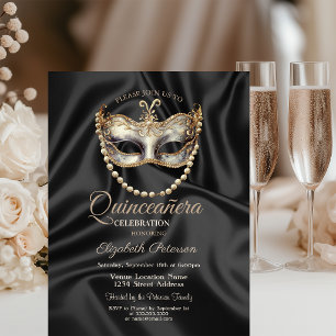 Invitation Masque ÉlégantQuinceañera en Satin Noir