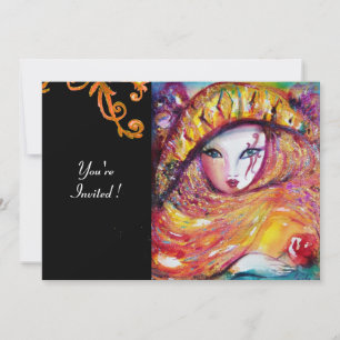 Invitation MASQUE EN JAUNE, MARDI GRAS PARTY noir violet roug