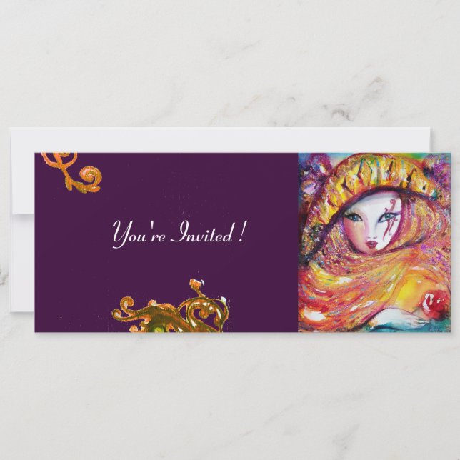 Invitation MASQUE EN JAUNE, MARDI GRAS PARTY noir violet roug (Devant)