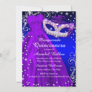 Invitation Masque et robe violets et bleus Mascarade Quincean