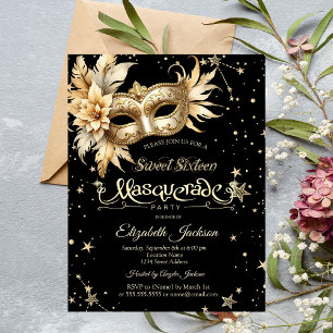 Invitation Masque Floral Doré Étoiles Sweet 16