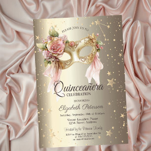 Invitation Masque Floral Élégant Étoiles Dorées Quinceañera