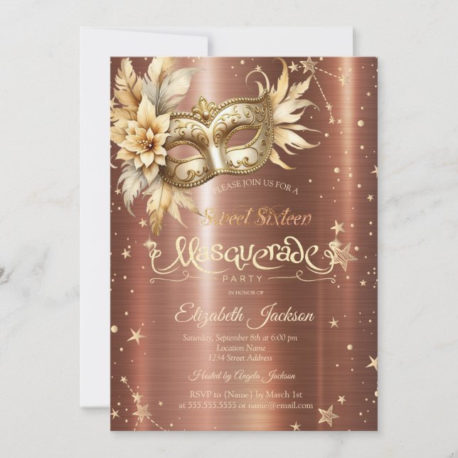 Invitation Masque Floral Or Étoiles Brown métal sucré 16 (Devant)
