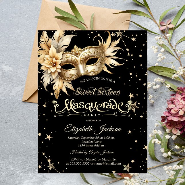Invitation Masque Floral Or Étoiles Sweet 16 (Créateur téléchargé)