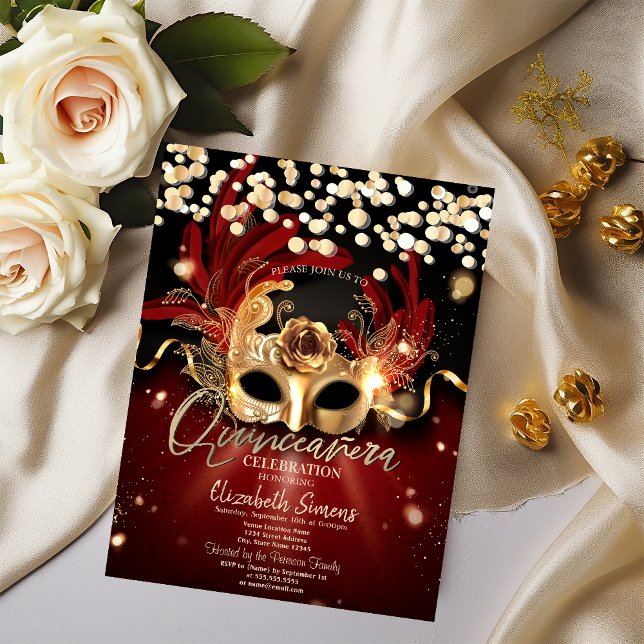Invitation Masque Gold Confetti Rouge Quinceañera (Créateur téléchargé)
