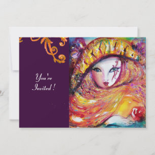 Invitation MASQUE JAUNE, FÊTE DE MARDI GRAS violet rouge pour