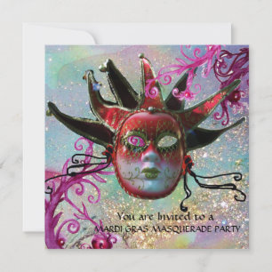 Invitation MASQUE JESTER NOIR ET ROUGE, Fête Masquerade