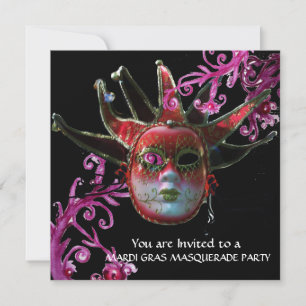 Invitation MASQUE JESTER NOIR ET ROUGE, Fête Masquerade Noir