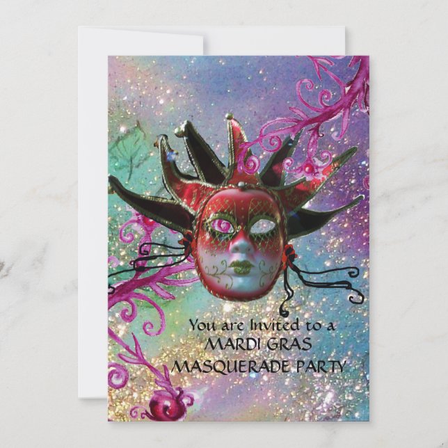 Invitation MASQUE JESTER ROUGE NOIR, Masquerade Party Blue (Devant)