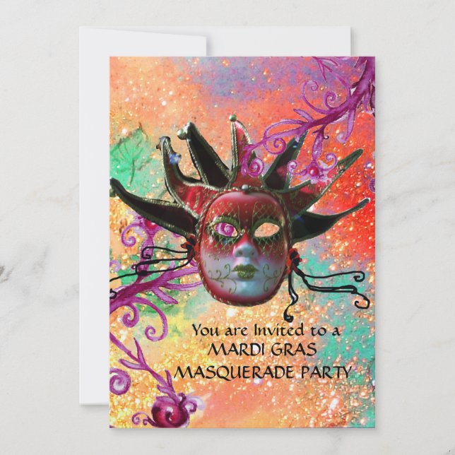 Invitation MASQUE JESTER ROUGE NOIR, Masquerade Party Red Gol (Devant)