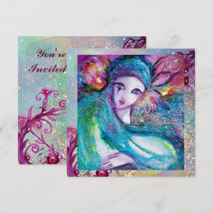 Invitation MASQUE LADY BLUE Fête Mascarade Fleurs Pailletées