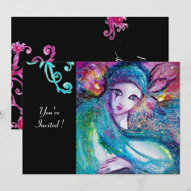 Invitation MASQUE LADY BLUE Soirée Mascarade, Tourbillons Rou (Devant / Derrière)